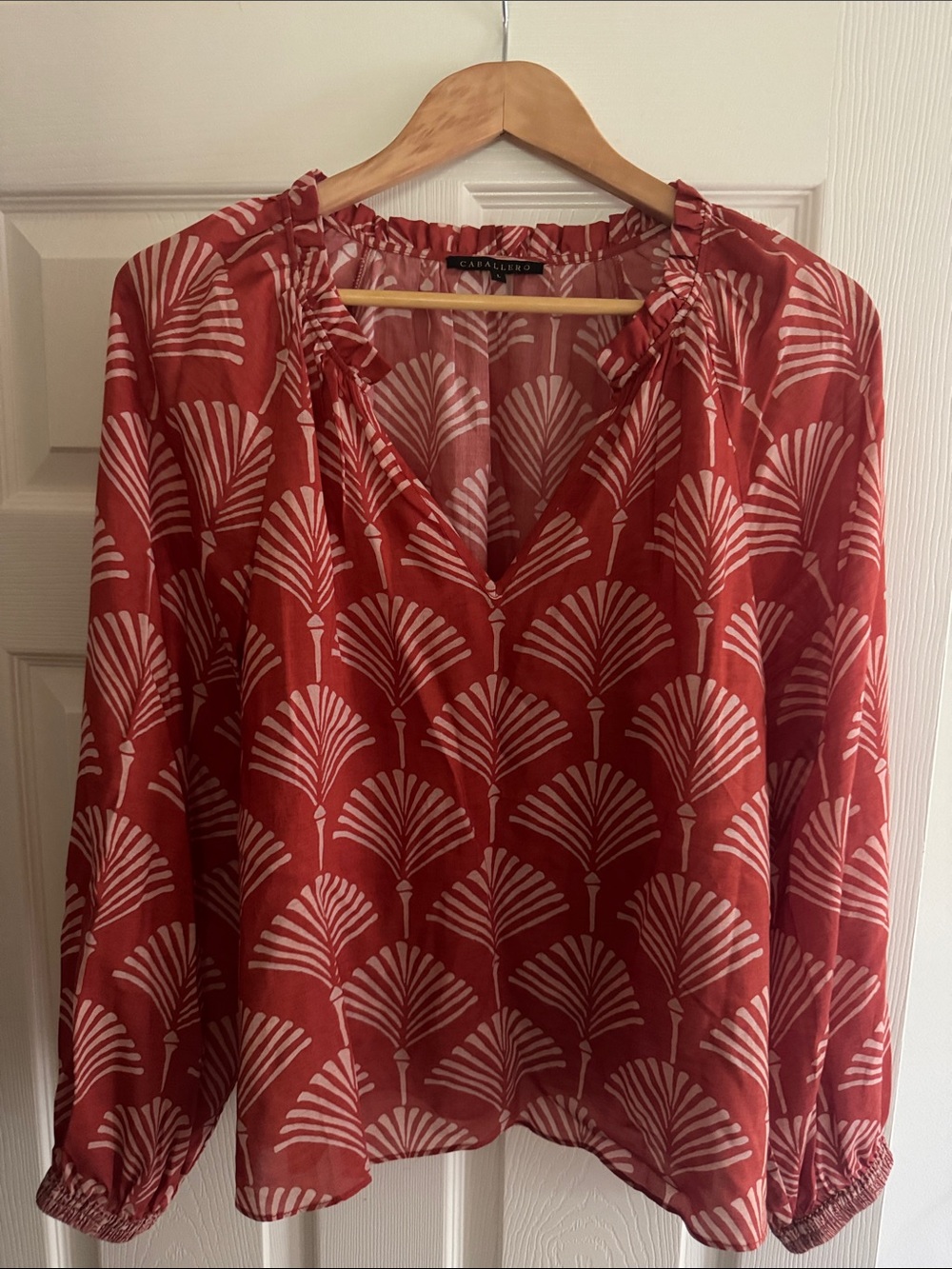 CABALLERO Rust Patterned V-Neck Long-Sleeve Blouse NWOT